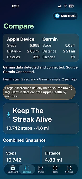DualTrack compare screen showing Apple device and Garmin step data side by side.