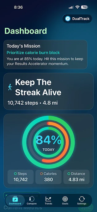 DualTrack dashboard screen showing steps, calories, distance, and daily progress.